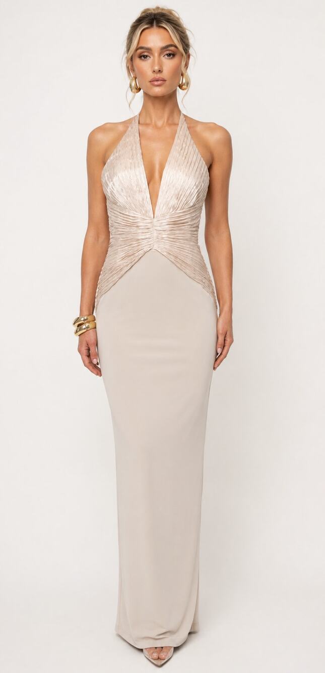 Jluxlabel Champagne Enchanted Nights Halter Maxi Dress Gown Womens Size Medium